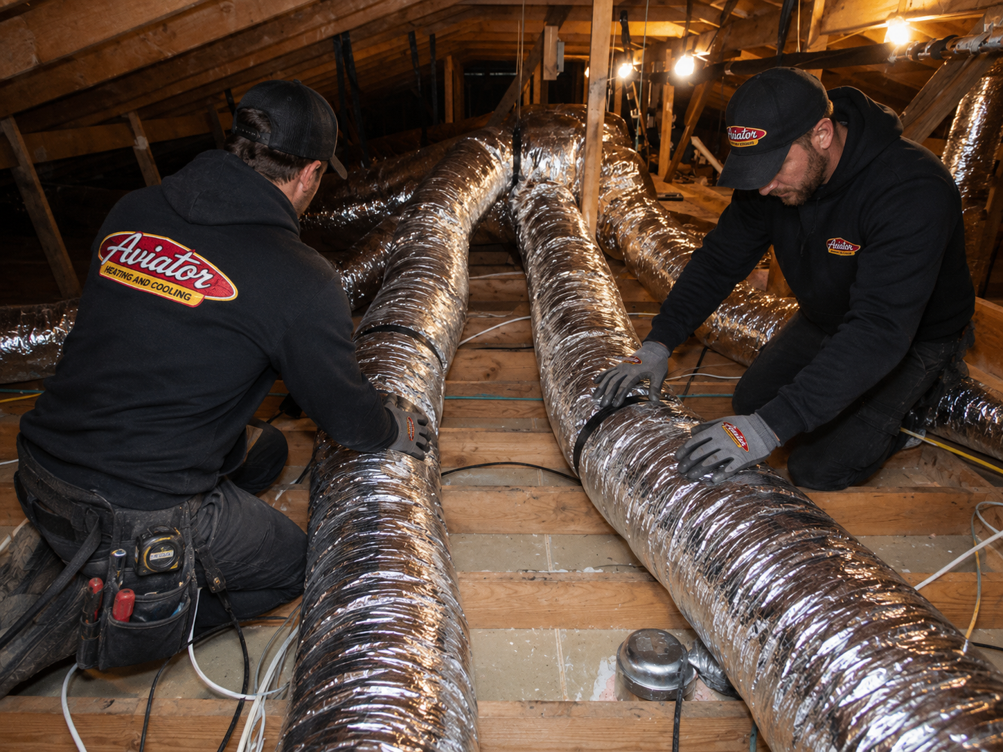 Flexible ductwork installed in attic showing wire coil and insulation