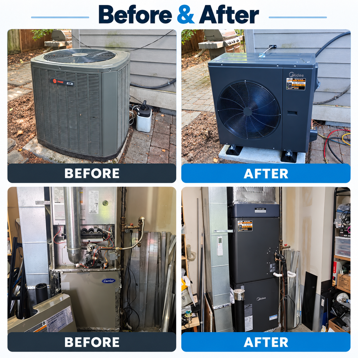 Before-and-after HVAC installation showing outdoor units and an indoor air handler