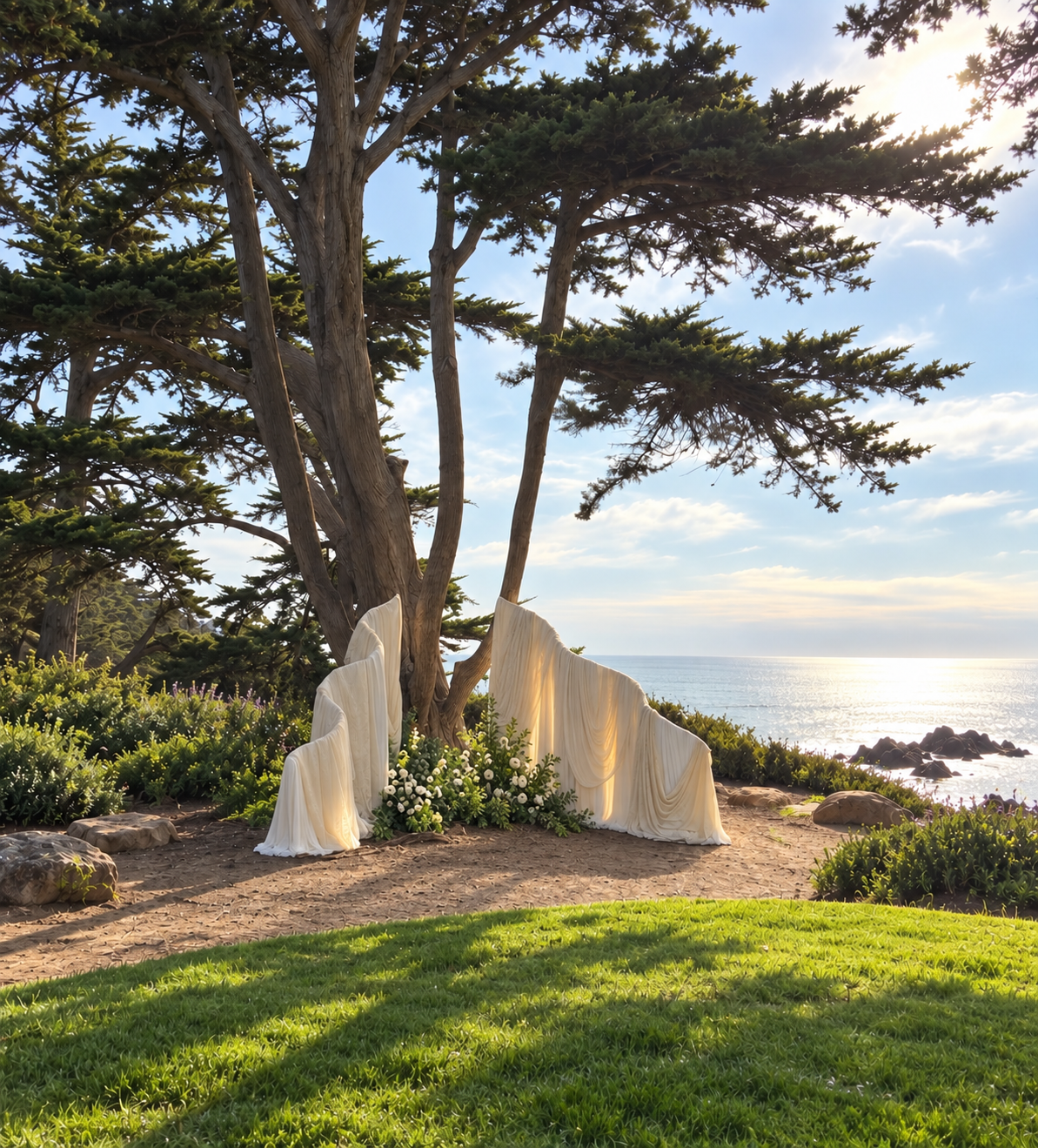 Oceanfront draped wedding backdrop