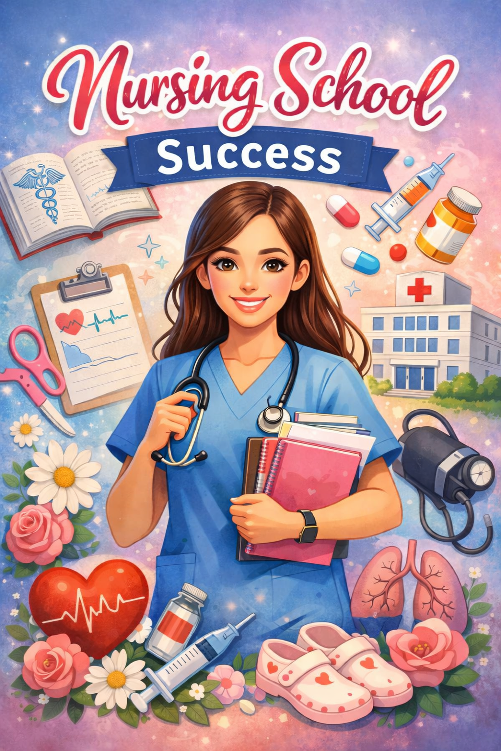 Nursing student studying with organized notes and laptop