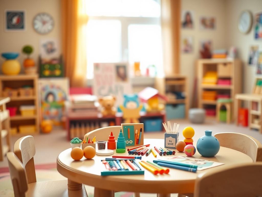 A high-resolution close-up shot of a bright and colorful daycare classroom, showcasing toys, books, and art supplies. The focus should be on a small table with infants' learning materials, emphasizing a nurturing atmosphere. The background should be softly blurred to highlight the cheerful environment, with warm lighting that conveys safety and creativity.