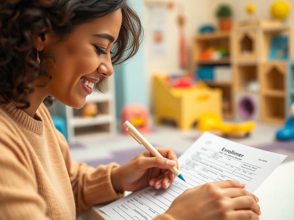 A close-up shot of a smiling parent filling out an enrollment form for a daycare, with a warm and inviting background of a nursery with toys and colorful decor.
