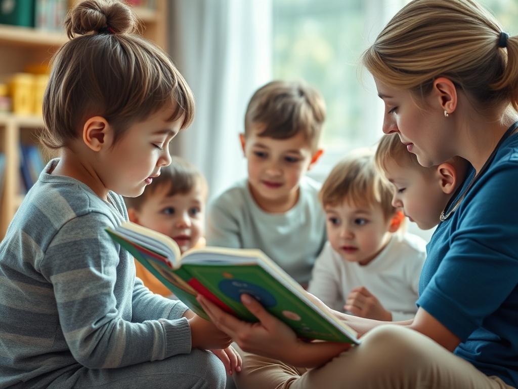 A close-up shot of a caregiver reading a story to a group of small children sitting around her, bright and colorful books visible, creating a cozy atmosphere.