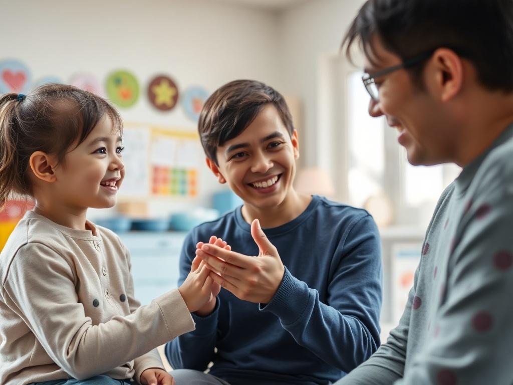 A close-up shot of a caregiver discussing a child's progress with a parent in a bright, welcoming daycare setting, with educational materials in the background.