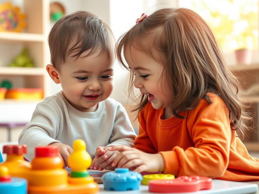 A heartwarming scene of an infant and toddler engaged in a playful learning activity at a daycare. The setting is bright and cheerful, featuring colorful toys and educational materials. The focus is on the children’s joyful expressions as they interact, with soft, natural lighting illuminating the space. The background includes gentle hints of nature, such as a window showcasing a sunny day.