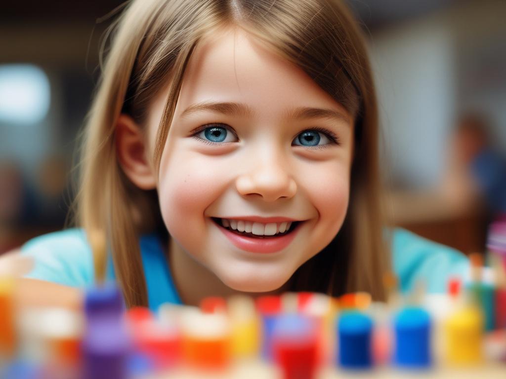 A hyper-realistic close-up of a smiling child in an after-school setting, engaged in a creative activity like painting or building blocks. The background should be bright and colorful, filled with educational toys and art supplies, but softly blurred to keep the focus on the child. The lighting should be warm and inviting, emphasizing the joyful expression on the child's face. The image should be shot with a 45mm f/1.2 lens style, showcasing the child's enthusiasm and the vibrant atmosphere of the after-sch