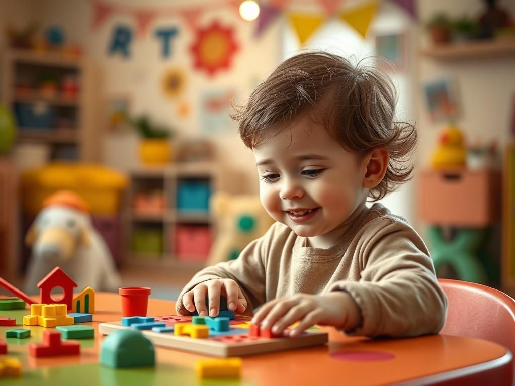A nurturing and engaging scene of a young child playing at a home daycare before school drop-off. The child is sitting at a colorful table with toys and educational materials around, smiling and focused on a simple puzzle. In the background, a cozy and vibrant daycare environment is visible, with bright colors and child-friendly decor. The lighting is warm and inviting, creating a sense of care and safety.