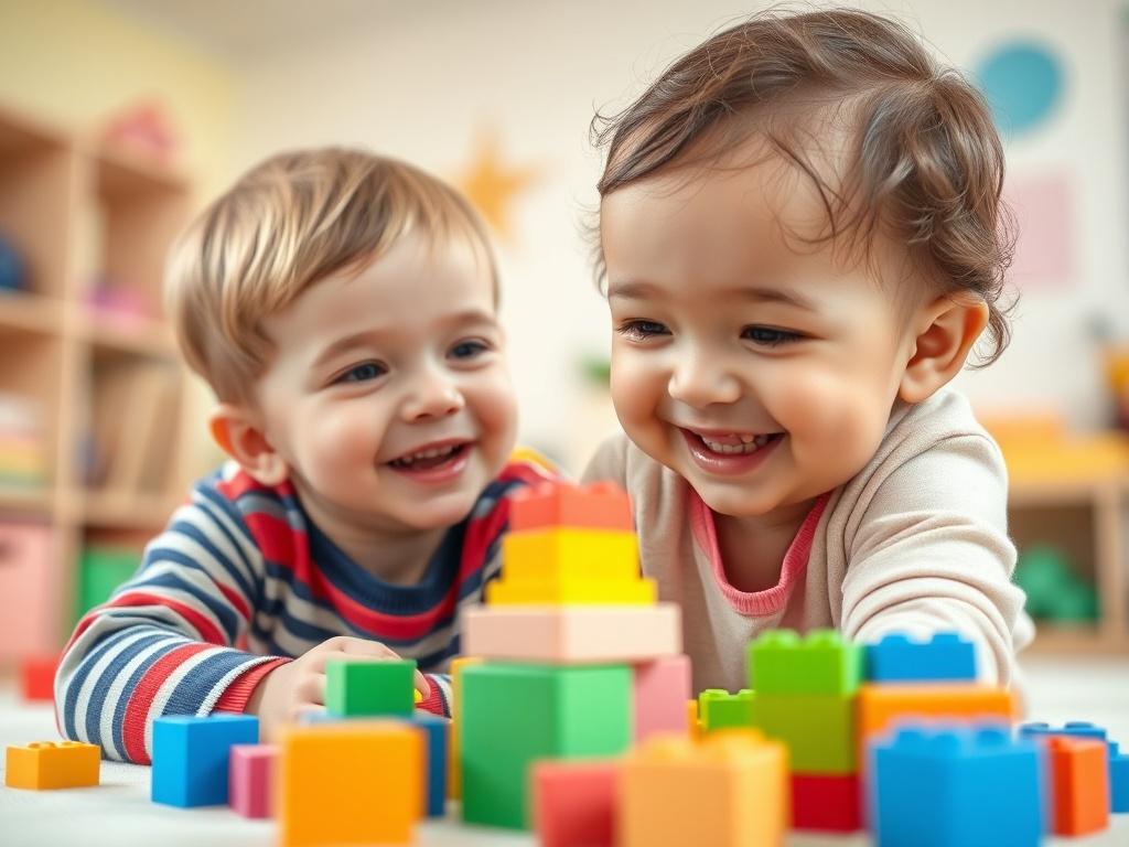 A close-up shot of a joyful toddler playing with colorful building blocks in a bright and cheerful daycare setting. The background features soft pastel colors and warm lighting, creating a nurturing atmosphere. The toddler is focused and smiling, showcasing the engaging environment, with a few blocks scattered around, emphasizing creativity and play. The image should capture the essence of a loving, educational space for young children.
