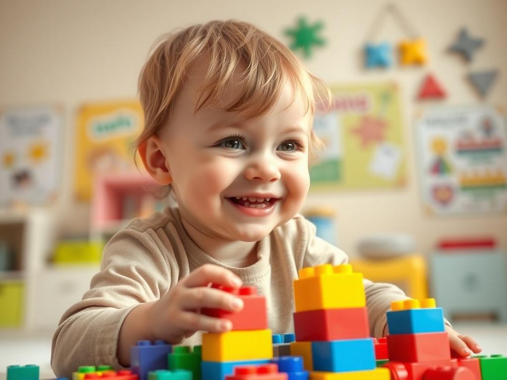 A close-up shot of a joyful toddler playing with colorful building blocks in a bright, cheerful playroom. The background features soft pastel colors and educational posters. The lighting is warm and inviting, creating a nurturing atmosphere. The focus is solely on the child, showcasing their smile and curiosity as they engage in play.