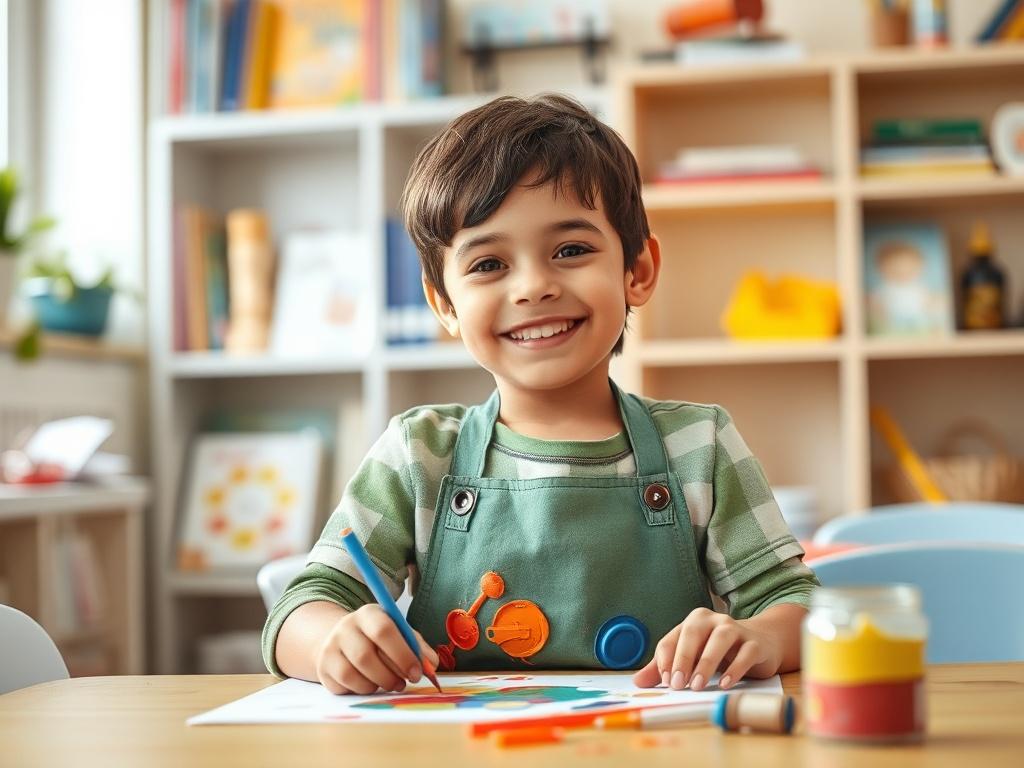 A cheerful child, around 7 years old, engaged in an art activity at a colorful table in an after-school care setting. The background should show shelves filled with books and art supplies. The child has a look of concentration and joy, wearing an apron covered in paint. Use natural light to create a warm atmosphere, with a shallow depth of field to keep the focus on the child. The overall color scheme should harmonize with an RGB color of (50, 170, 39) to reflect a vibrant, nurturing environment.