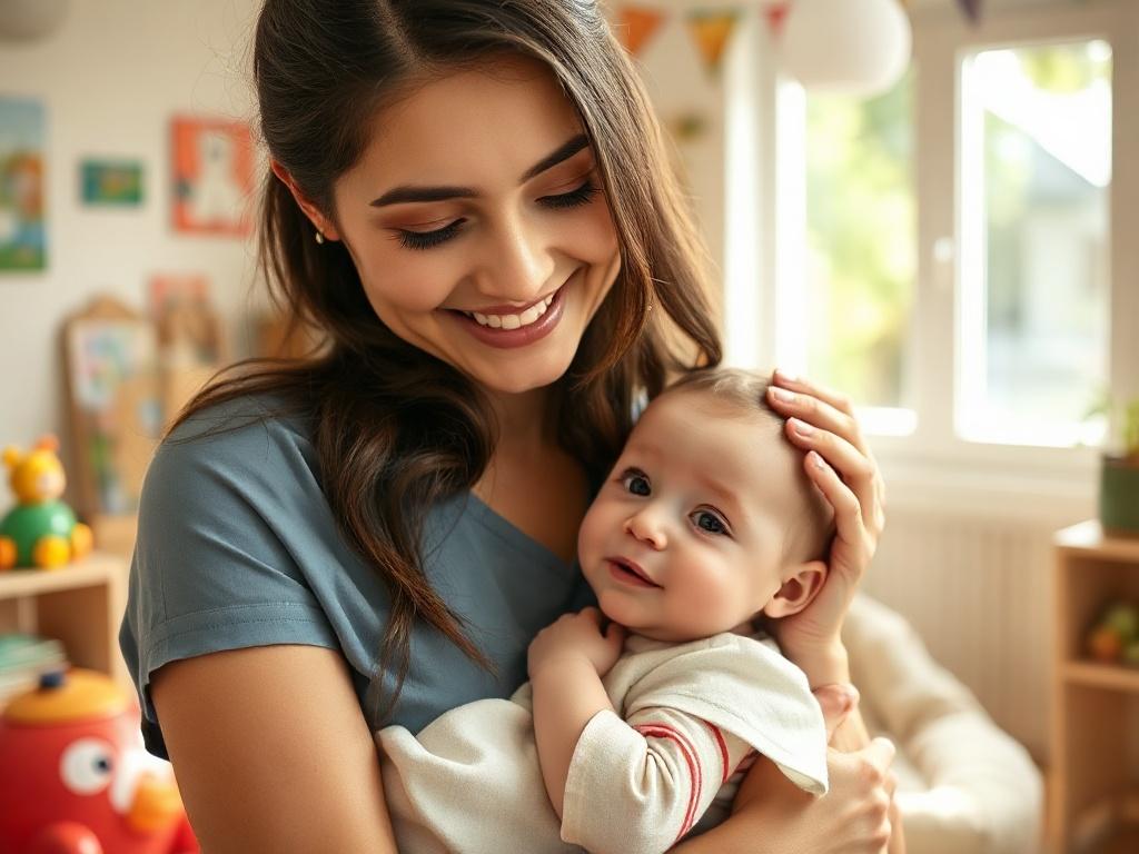 A close-up shot of a caregiver smiling while holding an infant, set in a warm and inviting home daycare environment. The background features soft natural light filtering through a window, with colorful toys and children's books in soft focus. The caregiver's expression is nurturing and engaging, showcasing a genuine connection with the child, reflecting a caring atmosphere. The scene captures the essence of a loving daycare setting.