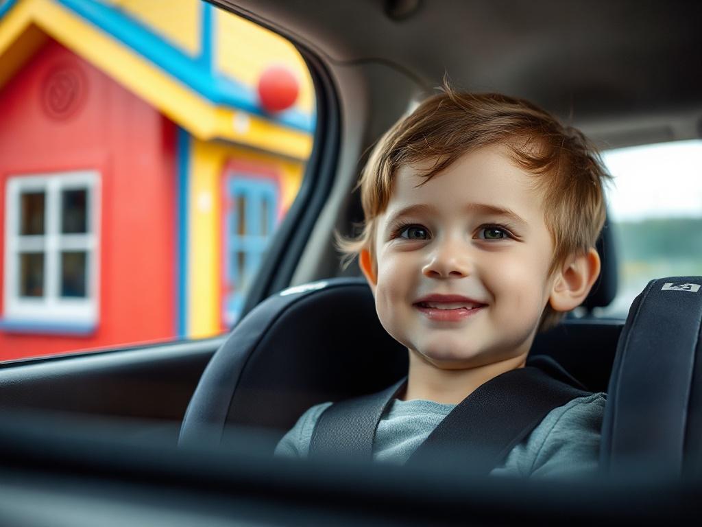 A heartwarming close-up shot of a smiling child sitting safely in a car seat, with a colorful daycare building in the background. The child is engaged and looking out the window, evoking a sense of joy and safety. The composition is bright and cheerful, showcasing the nurturing environment of the daycare. The image is shot with a 45mm f/1.2 lens style, emphasizing the child's expression and the vibrant colors of the daycare.