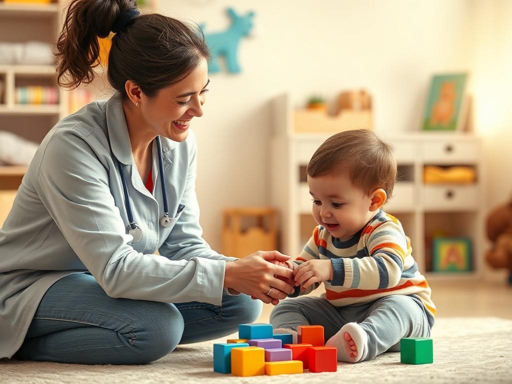 A heartwarming scene of a caregiver happily interacting with a toddler in a bright, cheerful daycare environment. The caregiver, a woman in her 30s, is kneeling to engage with the child, who is playing with colorful blocks. The background features soft toys and educational materials on shelves, with warm lighting creating an inviting atmosphere. The composition is simple, focusing on the joyful interaction between the caregiver and the child, capturing the essence of nurturing and education.