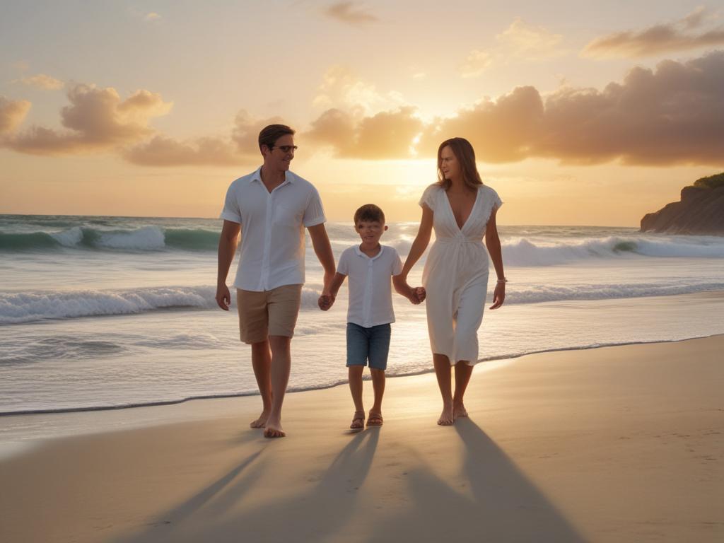 family portraits, tropical beach, sunset, joy, togetherness