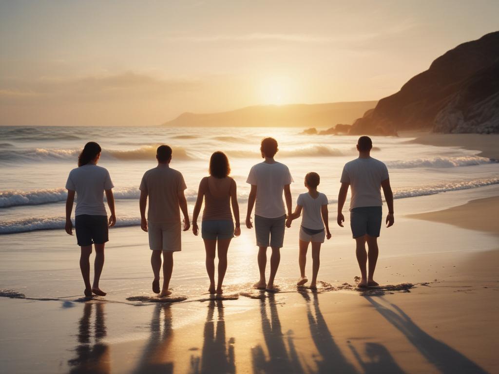 group vacation photography, beach adventure, sunset, friendship