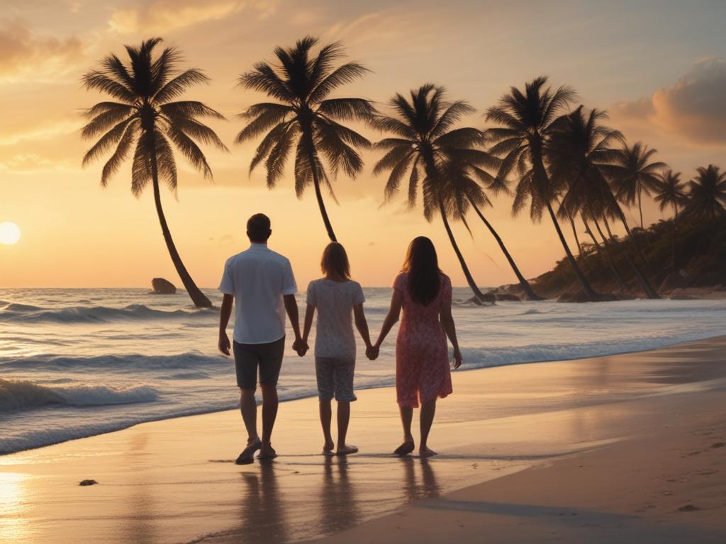 family vacation photography, tropical beach, sunset, candid moments