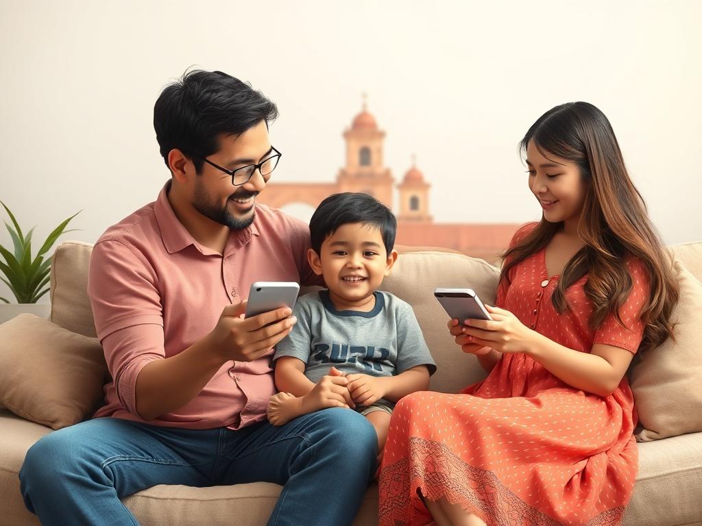 A comforting scene depicting a family receiving updates about their child's experience in Antigua, Guatemala, with visuals of communication tools like video calls and messages, showcasing connection and reassurance, soft colors, emphasizing the supportive community behind the program.