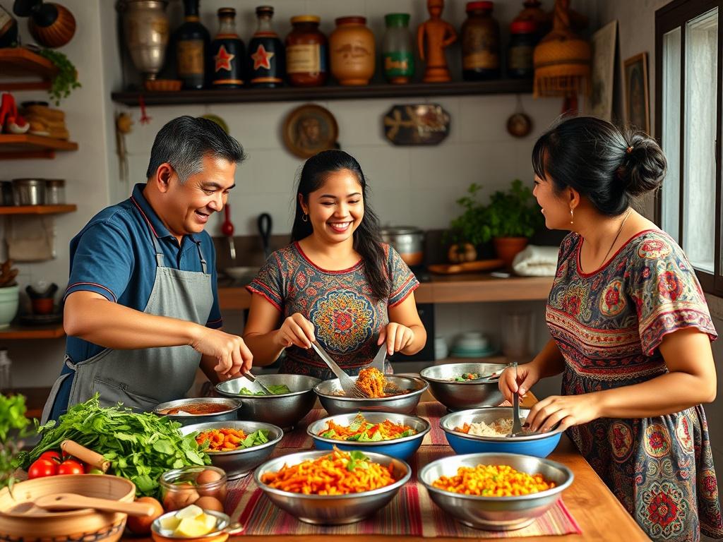 A vibrant scene depicting a student learning to cook traditional Guatemalan dishes with a local family. The kitchen is filled with colorful ingredients and utensils, showcasing the warmth and hospitality of the host family. The focus is on the student actively participating, with smiles and laughter shared among family members. The background reflects the cozy atmosphere of a Guatemalan home, enriched with cultural decorations and elements.