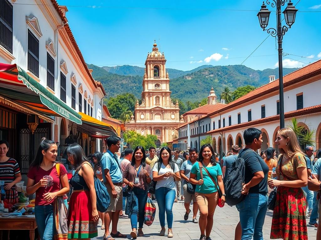 A vibrant street scene in Antigua, Guatemala, showcasing a local