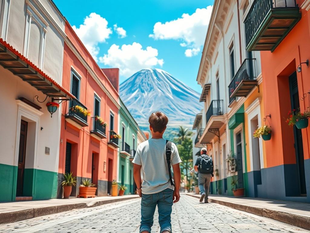 Create a realistic high-resolution photo of a young student standing in a vibrant Antigua street, capturing the essence of the city's unique charm. The composition should center around the student, who is casually dressed in comfortable travel attire, gazing thoughtfully towards a striking colonial-style building adorned with colorful flower pots. The background should feature the iconic Volcán de Agua towering majestically under a bright blue sky, with a few fluffy white clouds scattered above. The cobbles