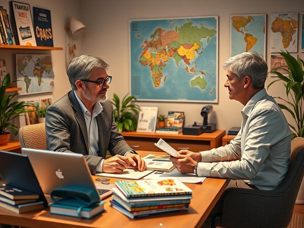 An experienced travel consultant discussing with a client, surrounded by
