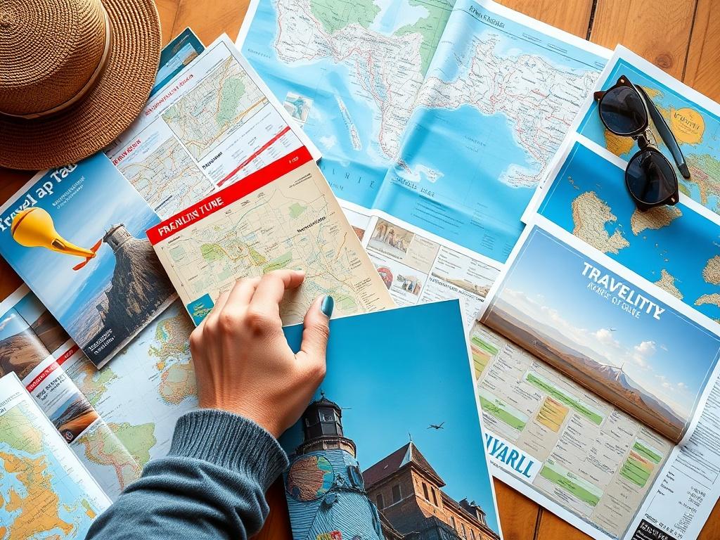 A collection of travel guides and maps spread out on