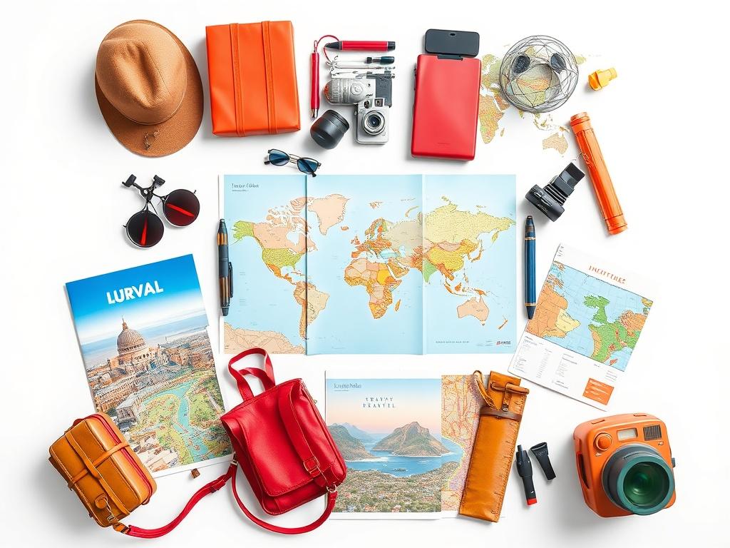 A beautifully arranged travel package display, featuring vibrant brochures, maps,