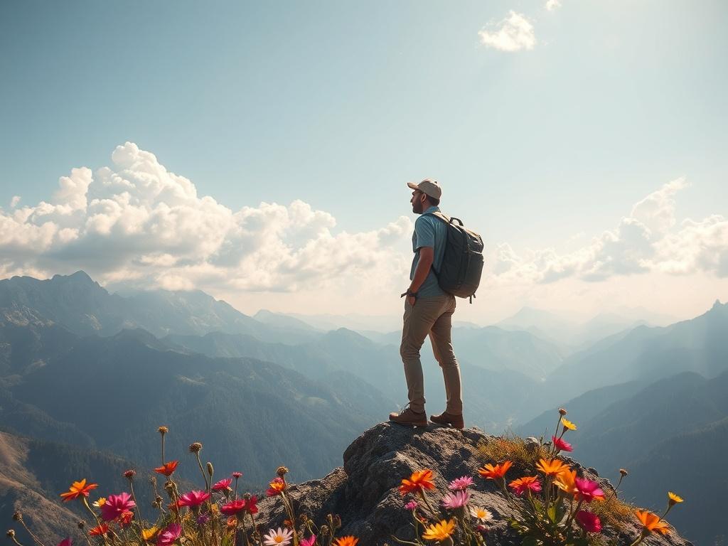 **Prompt for AI Image Generation:**

Create a realistic high-resolution photograph that embodies the essence of travel and adventure, titled "Esplorando il Mondo con Epicentro Viaggi". The composition should be simple and clear, featuring a single subject: a seasoned traveler standing on a picturesque mountain peak, overlooking a breathtaking landscape. 

The traveler should be depicted in casual yet stylish travel attire, with a backpack slung over one shoulder, looking confidently into the distance as if 