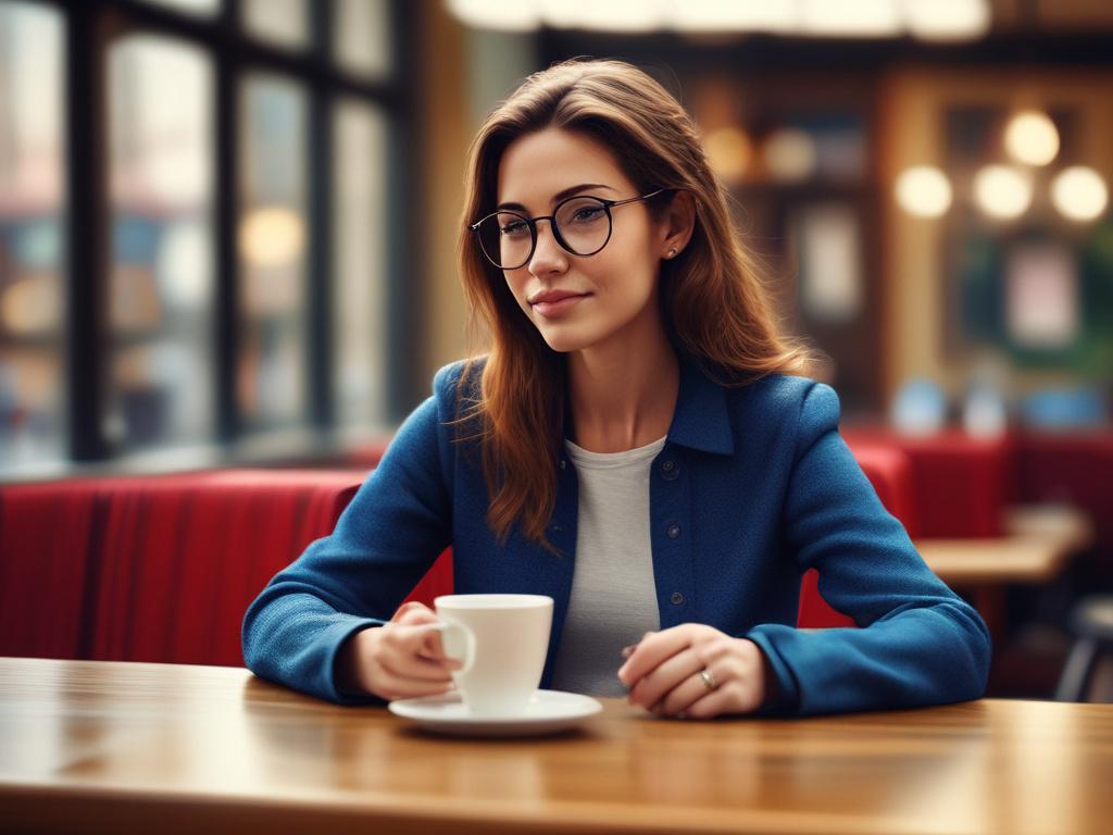 A stylish woman sitting in a cozy café, enjoying a