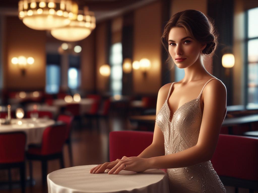 A beautiful, elegant woman dressed in a luxurious evening gown,