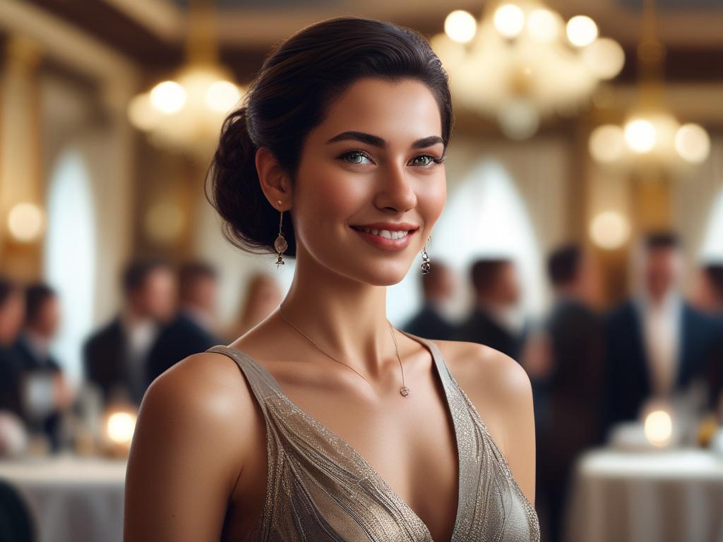 An attractive woman elegantly dressed for a formal event, standing