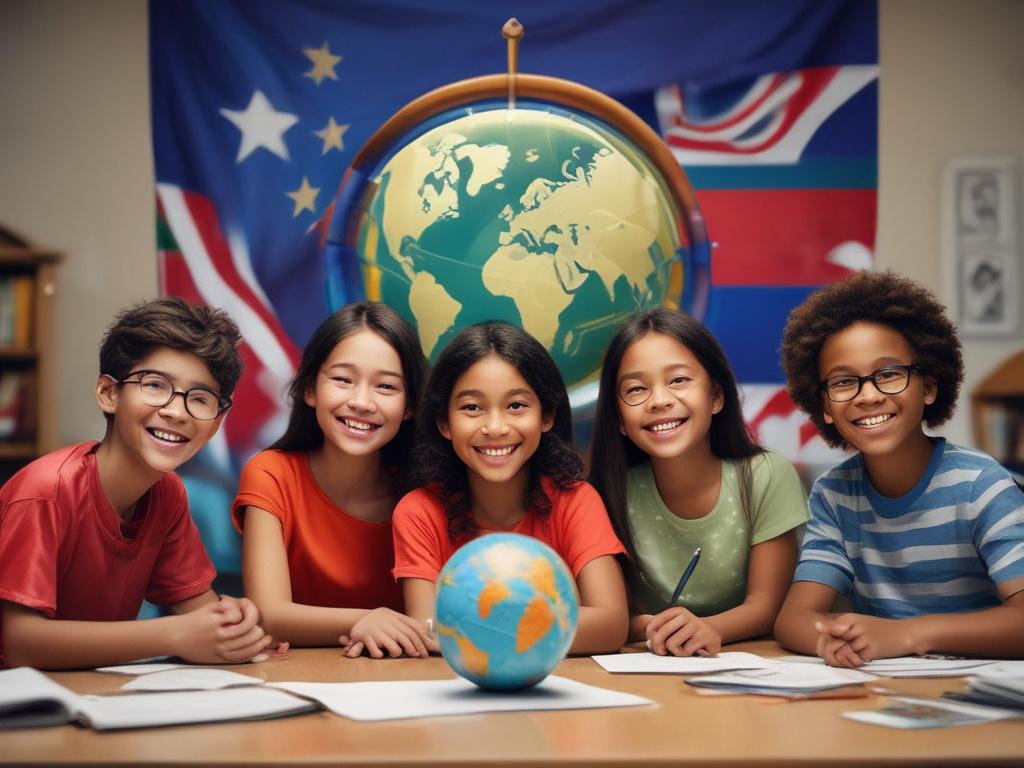 A close-up shot of a diverse group of children engaged in a collaborative project, showcasing their creativity and teamwork. The background features international flags and a globe, symbolizing global citizenship. The image is hyper-realistic, with a focus on expressions of curiosity and enthusiasm.