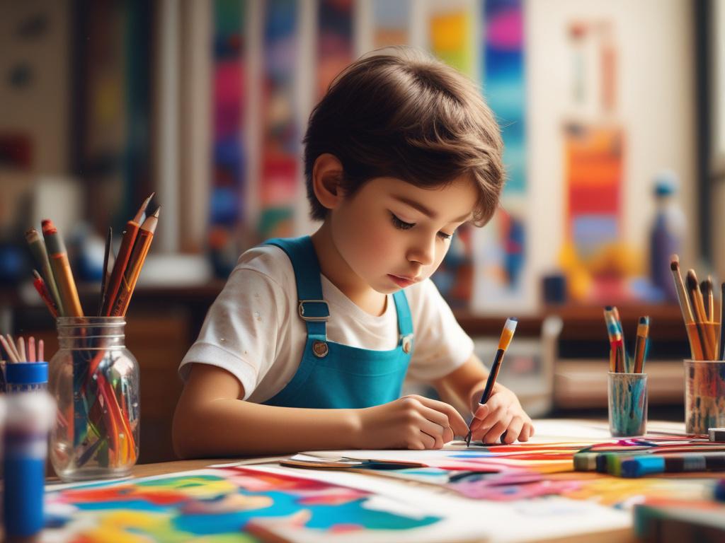A close-up shot of a child painting on a canvas, surrounded by vibrant colors and art supplies. The background features a bright art studio filled with various artworks. The image is hyper-realistic, capturing the child’s joyful expression and focus on their creative process.