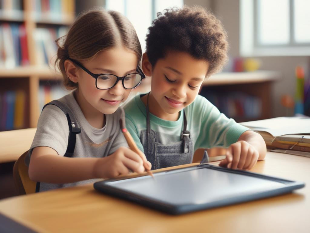A close-up shot of a child interacting with a tablet, showcasing personalized learning content. The background is a bright, inviting classroom with books and educational materials. The image is hyper-realistic, capturing the child's focused expression and engagement with the technology.