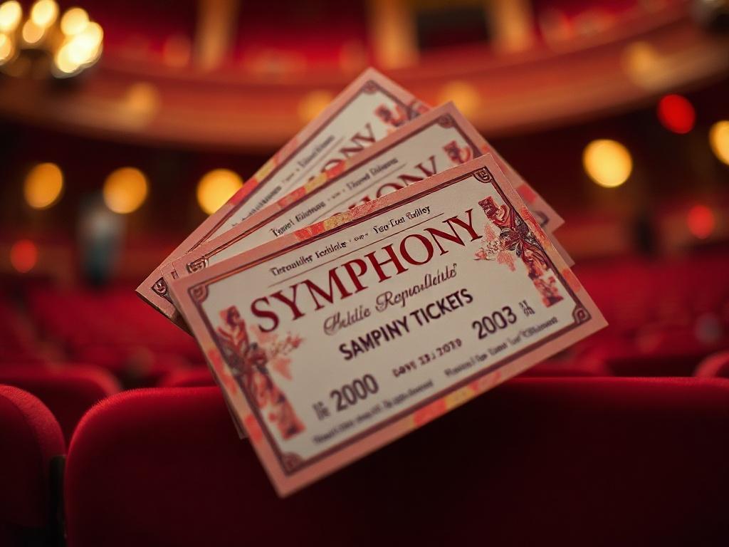 A close-up shot of four elegant symphony tickets, artistically arranged in a visually appealing way. The tickets should showcase vibrant colors and intricate designs, emphasizing their value. The background should be softly blurred, creating a warm ambiance that reflects the excitement of attending a live orchestra performance. The image should have a rich red hue, compatible with the primary color rgb(173, 28, 28), giving it a luxurious and inviting feel.