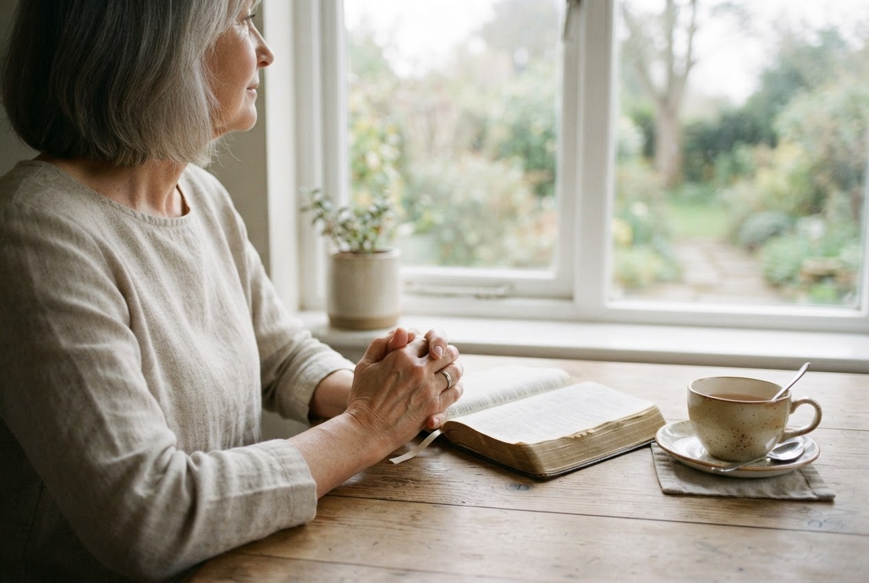 A quiet moment of prayer beside an open Bible and a cup of tea