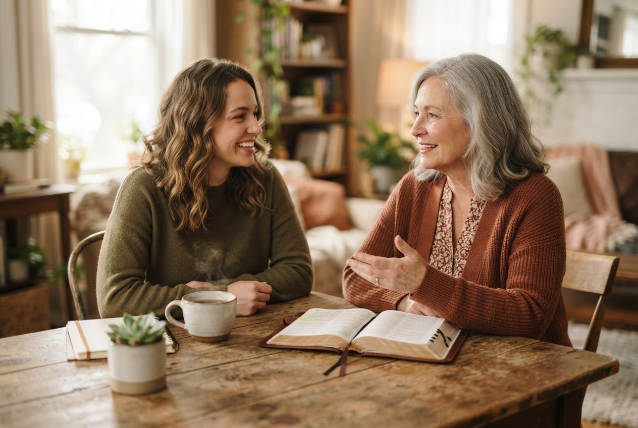 Two women sharing a warm conversation across generations