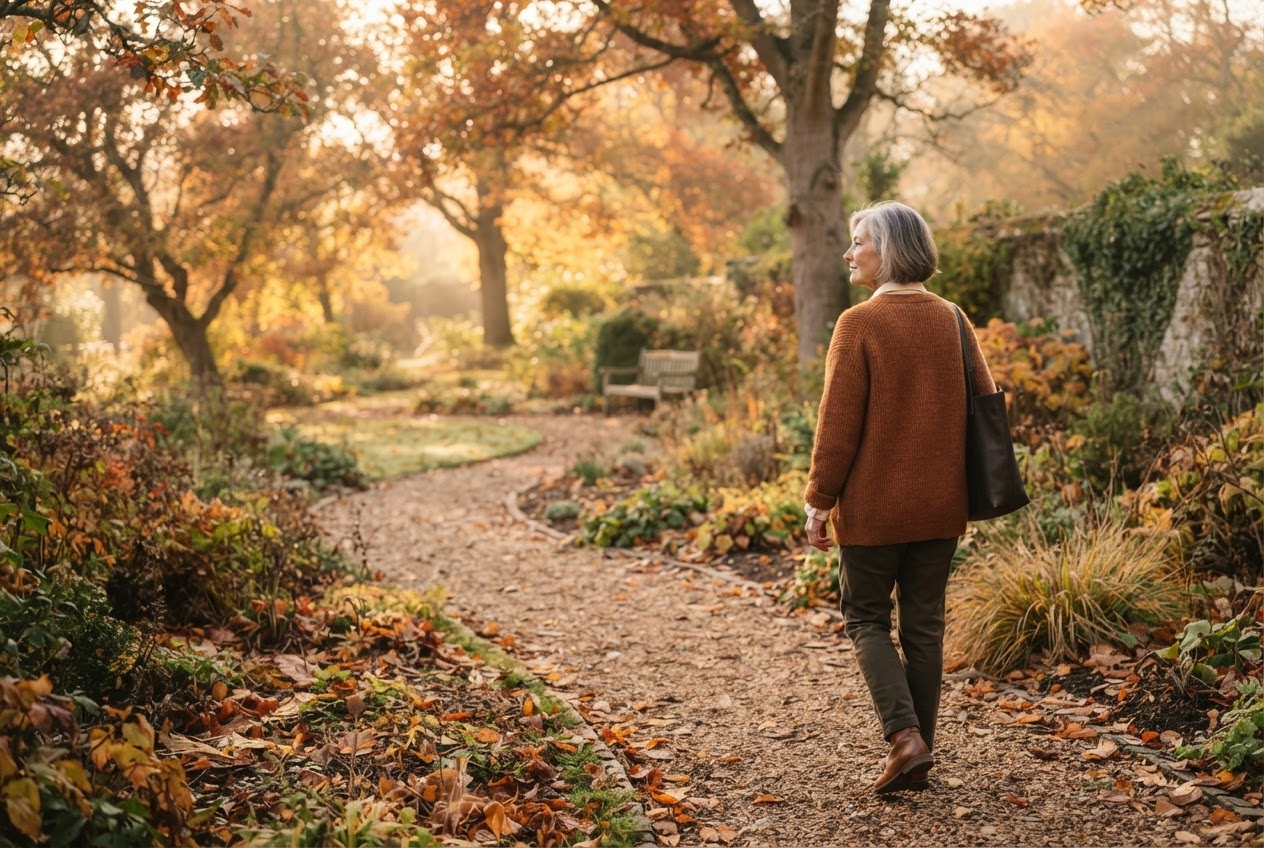 A woman walking through a peaceful autumn garden