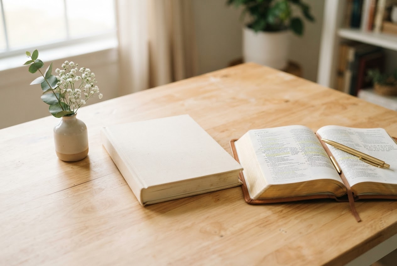 Workbook, open Bible, and pen arranged for study
