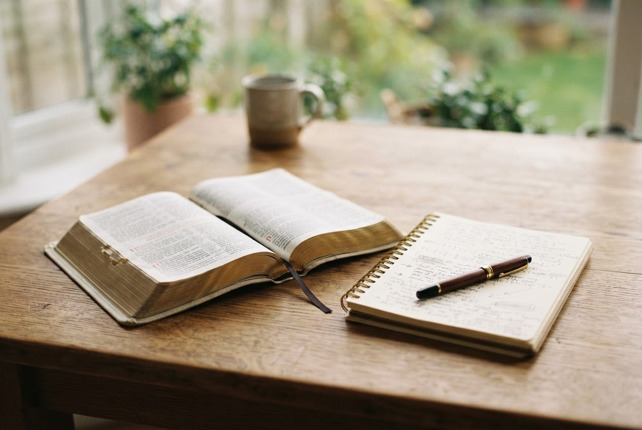 Open Bible, notebook, and pen ready for a teaching session