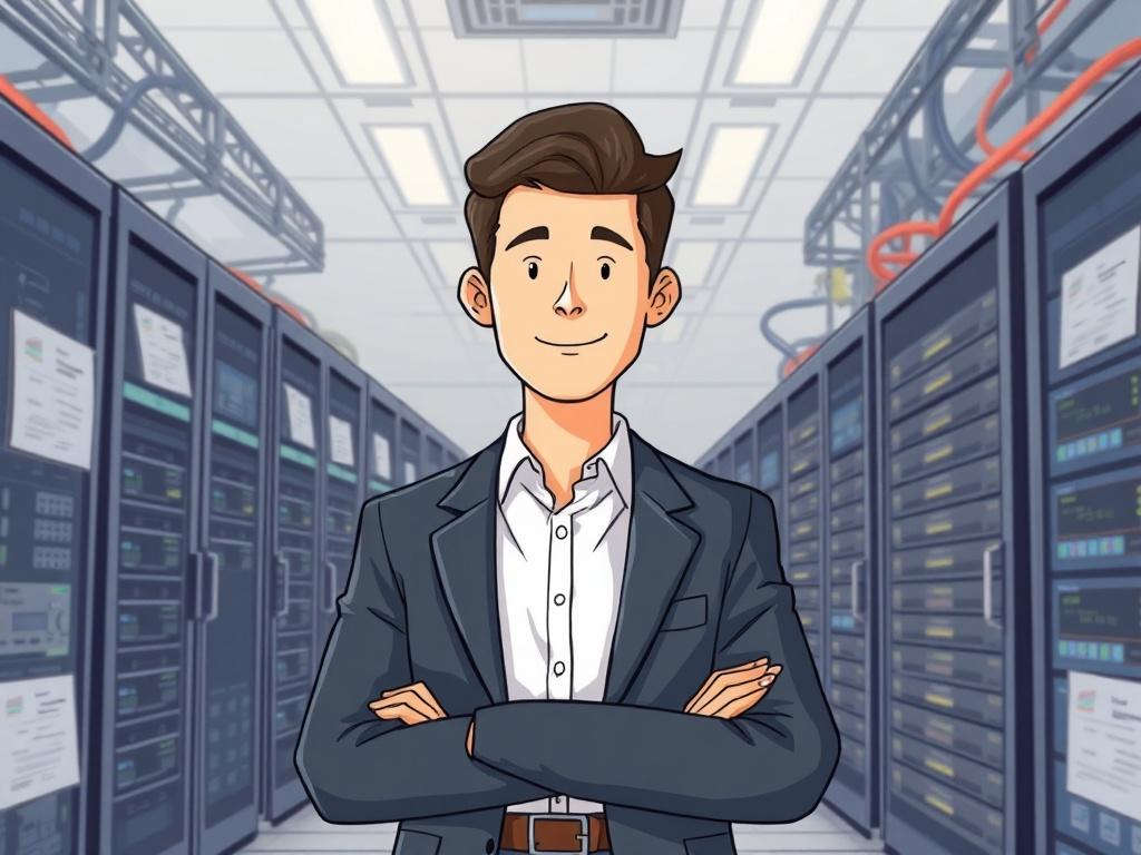 A professional-looking human-like character dressed in business attire, standing confidently in front of a well-organized server room, surrounded by servers and networking equipment. The character should convey trust and professionalism. The background should include detailed illustrations of network infrastructure, emphasizing clarity and organization. The overall color scheme should align with the RGB value of (40, 93, 225), portraying a polished and formal representation.