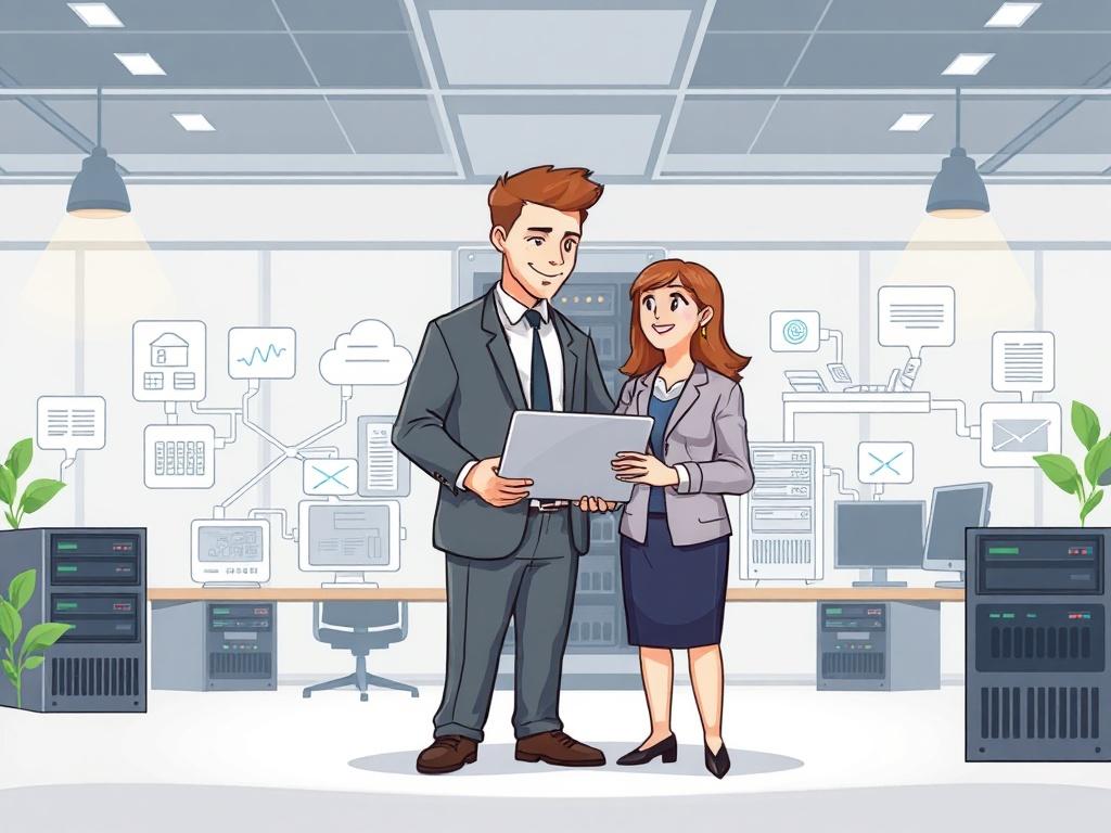 A professional technician character in a formal outfit assisting a
