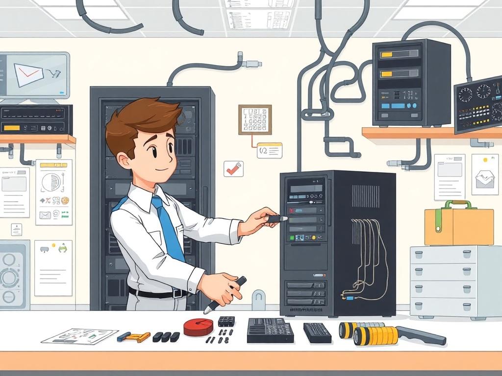 An illustrated technician character in professional attire performing maintenance on