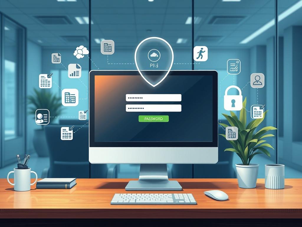 A highly detailed and lifelike illustration of a secure database access control interface. The image should depict a computer screen showing a login page with fields for username and password, surrounded by icons representing spreadsheets, images, and other data types. The background should be a modern office setting, emphasizing a professional and secure environment. Use the primary color rgb(40, 93, 225) for accents in the design.