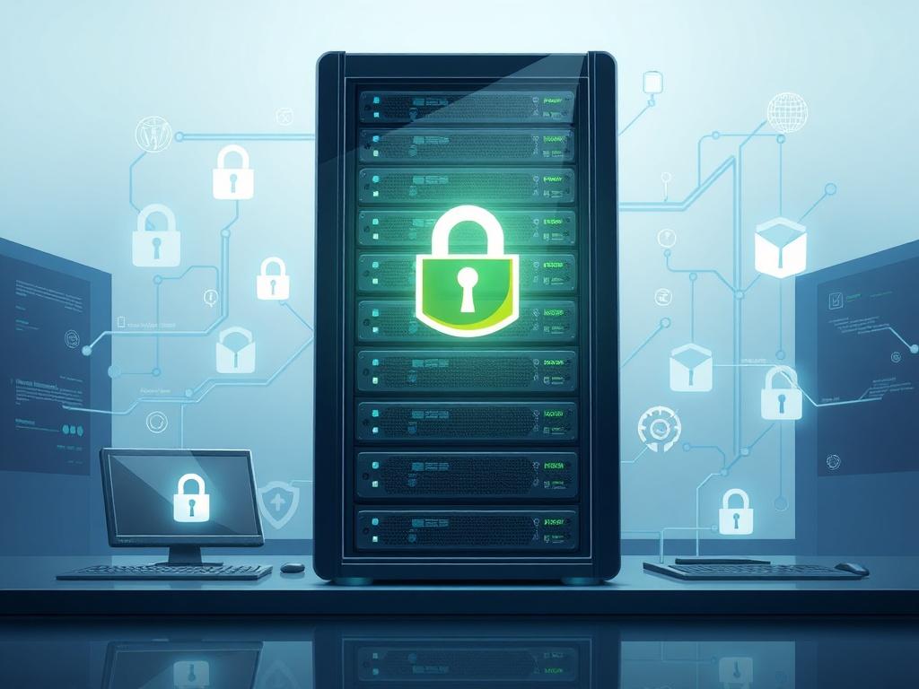 A highly detailed illustration of a secure database backup system in a professional setting. The image should depict a single, detailed server with a glowing backup icon, surrounded by digital security elements like firewalls and encryption symbols. The background should be simple and clean, with a tech-oriented atmosphere, showcasing data protection and reliability.