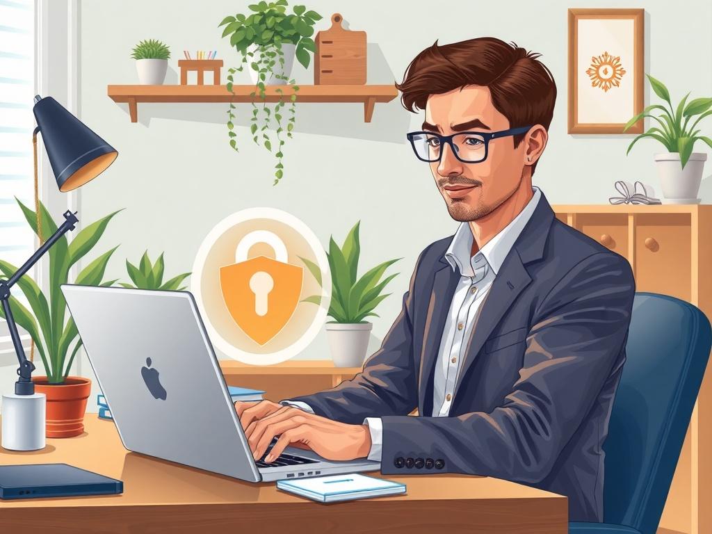 A high-quality illustration of a professional-looking person working on a laptop in a cozy home office environment. The person is using a VPN with a secure connection, indicated by visual elements like a lock symbol or shield. The background features a well-organized workspace with plants and technology elements, emphasizing productivity and security. The color palette includes the primary color rgb(40, 93, 225) to create a cohesive and inviting atmosphere.