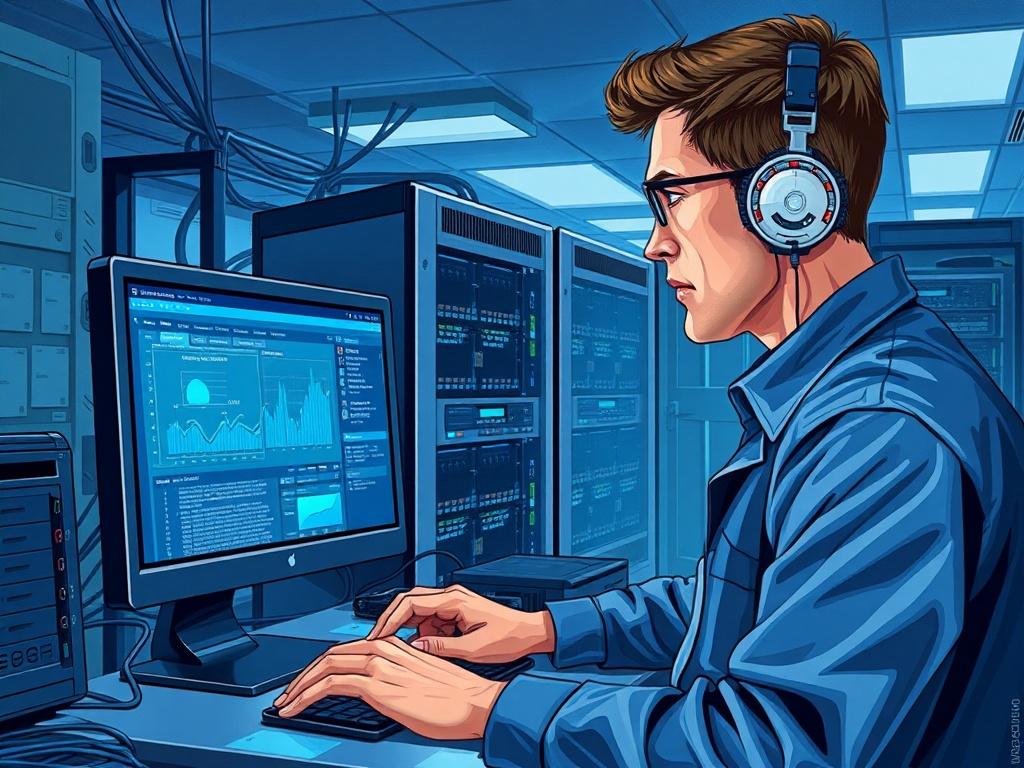 A detailed illustration of a professional IT technician working on a computer network in an office environment. The technician is focused on a computer screen displaying network monitoring software. The background features servers and networking equipment, all rendered in a realistic style. The color scheme should incorporate shades of blue to match the rgb(40, 93, 225) primary color.