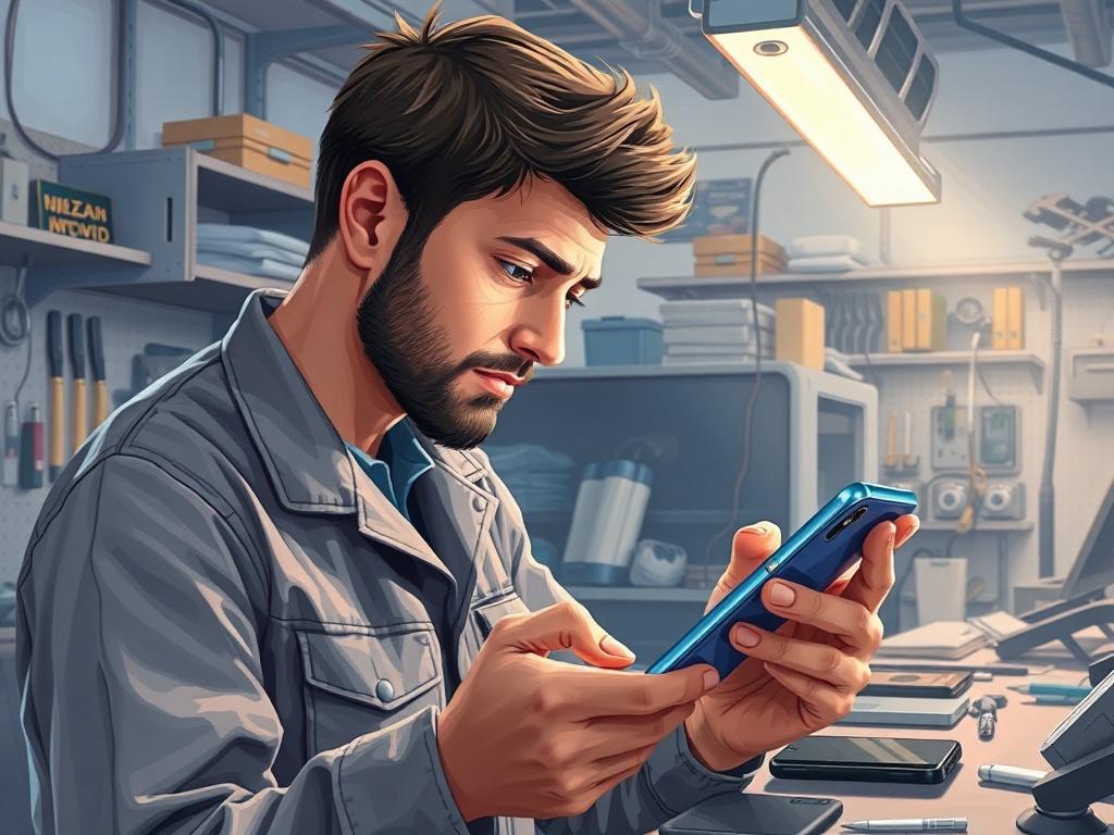 A high-quality illustration of a technician carefully replacing a smartphone screen in a well-lit, modern repair shop. The technician is wearing a professional outfit and focusing intently on the device. The background features tools and equipment related to smartphone repairs, all rendered in a realistic painting style with an emphasis on detail and clarity.