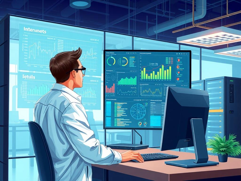 A high-quality illustration of a professional technician monitoring network connections on a large screen in a modern office environment. The technician is focused on the screen displaying various network analytics and indicators. The background features a sleek, organized workspace with servers and networking equipment visible, emphasizing the theme of internet connectivity and support. The overall color scheme should incorporate the primary color rgb(40, 93, 225) for a cohesive look.