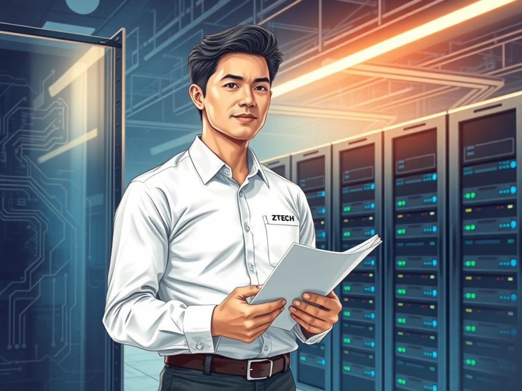A professional-looking person wearing a white shirt with a small ZTECH logo, holding papers in their hands, standing in front of network cabinets and servers. The background should be modern and dynamic, incorporating technology and computer network elements, such as circuit patterns and internet symbols. The overall tone of the image should be soft yet formal, emphasizing professionalism and trust.